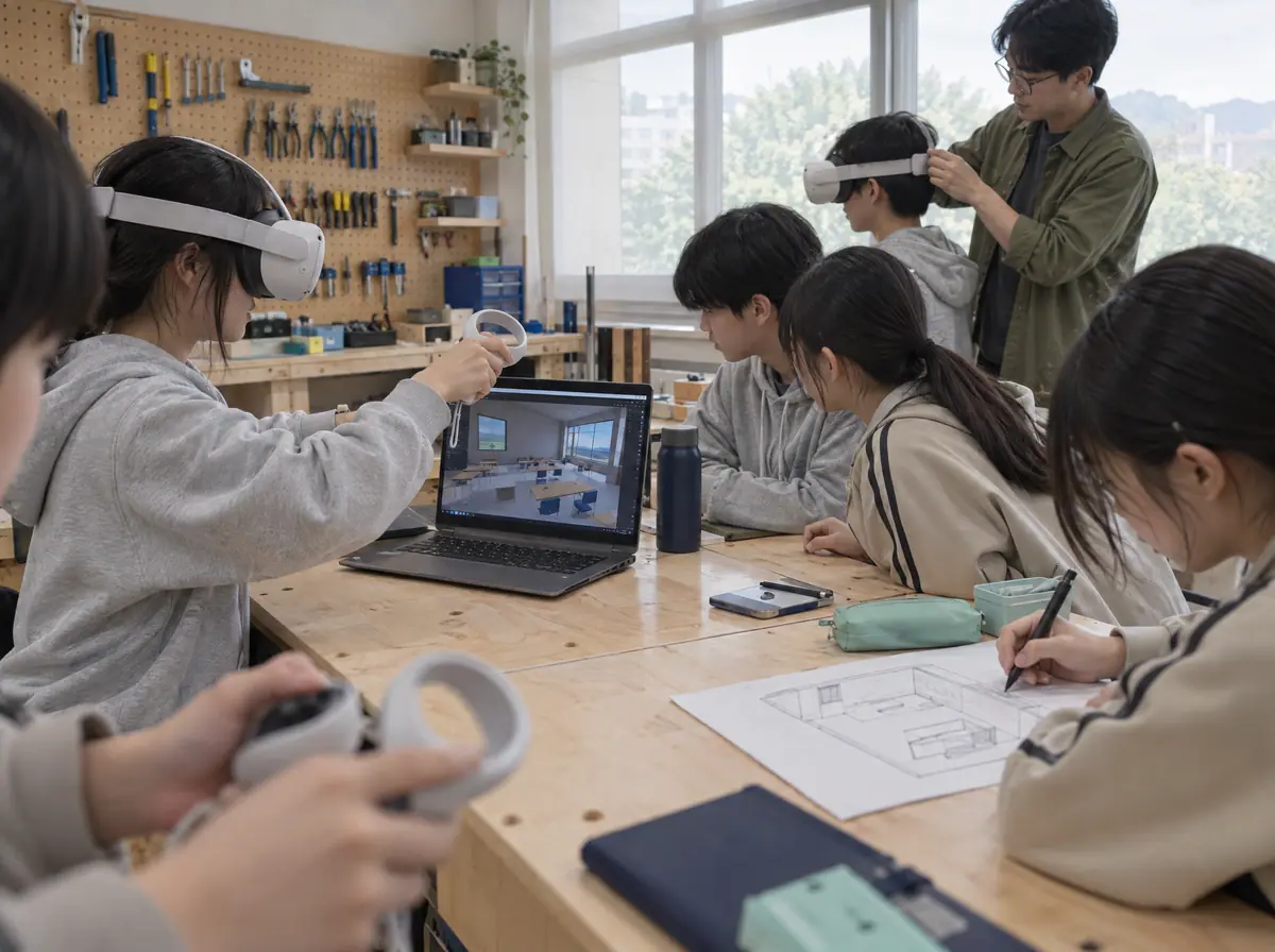 중학교 메이커실에서 청소년들이 VR 기기로 메타버스 교실을 만들고 강사가 기기를 조정해 주는 수업