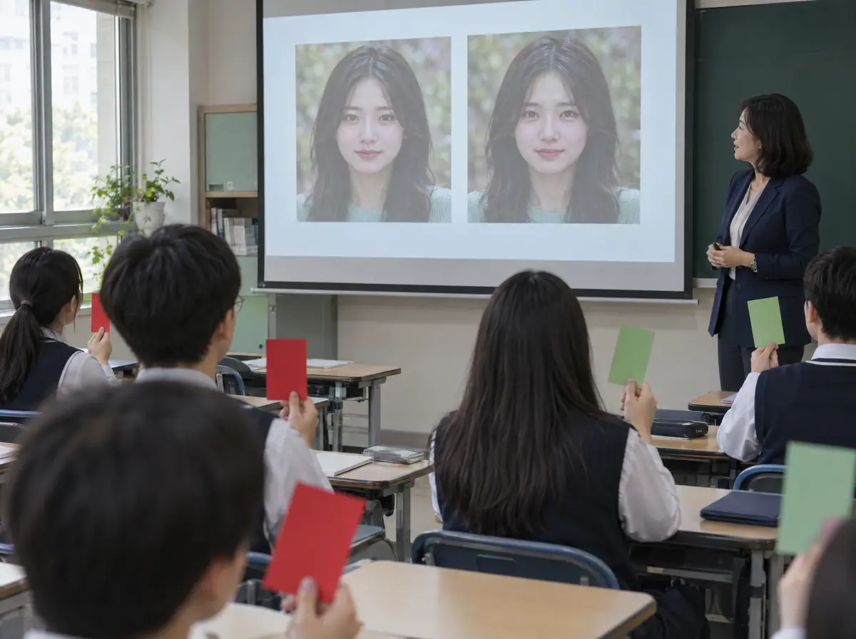 중학교 교실에서 두 장의 비슷한 인물 사진을 비교하며 판단 카드를 드는 AI 윤리 수업