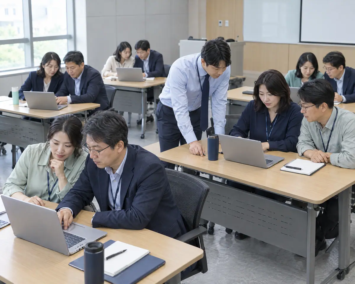 공공기관 교육장에서 공무원들이 AI 행정 실무를 실습하고 강사가 화면을 확인해 주는 모습