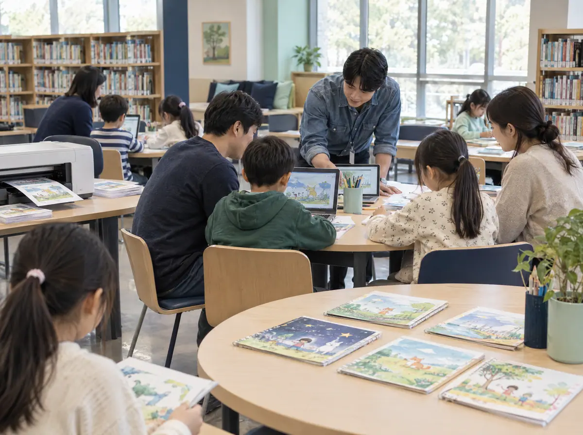 도서관 프로그램실에서 부모와 아이가 함께 AI 그림책을 만들고 출력한 장면을 살펴보는 모습