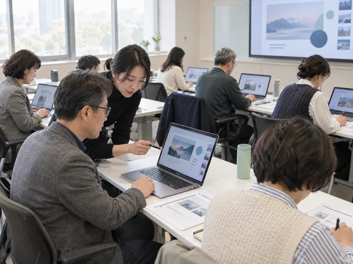 성인 · 중장년 수강생들이 생성형 AI로 수업 자료를 만들고 강사가 옆에서 피드백하는 강사 양성 실습